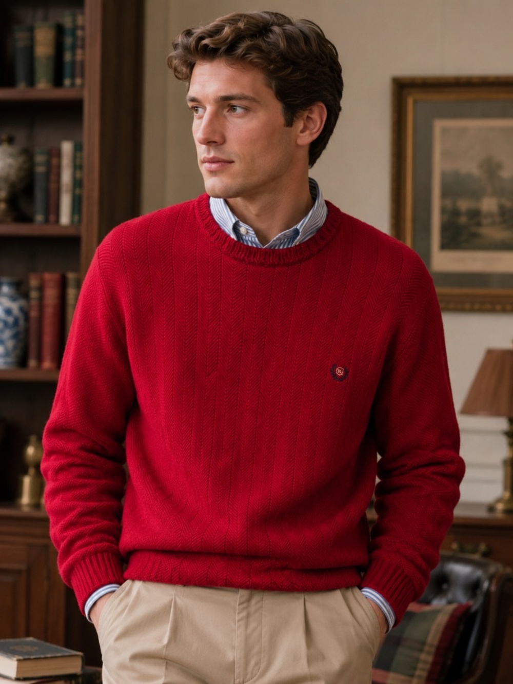 VTG Chaps Ralph Lauren Men’s Red Herringbone Knit Sweater L Preppy Old Money 90s